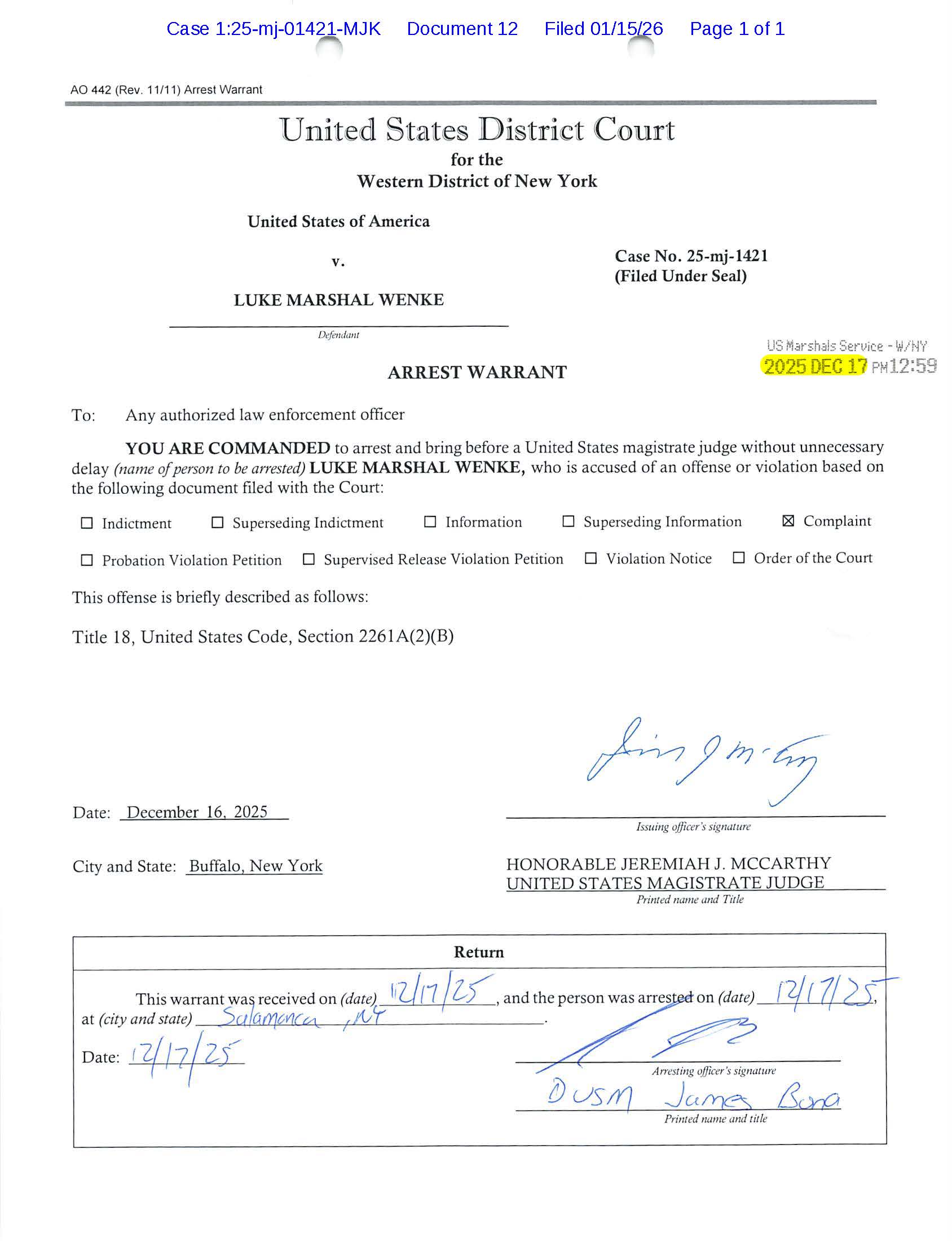 us government arrest warrant against luke wenke for cyberstalking december 2025