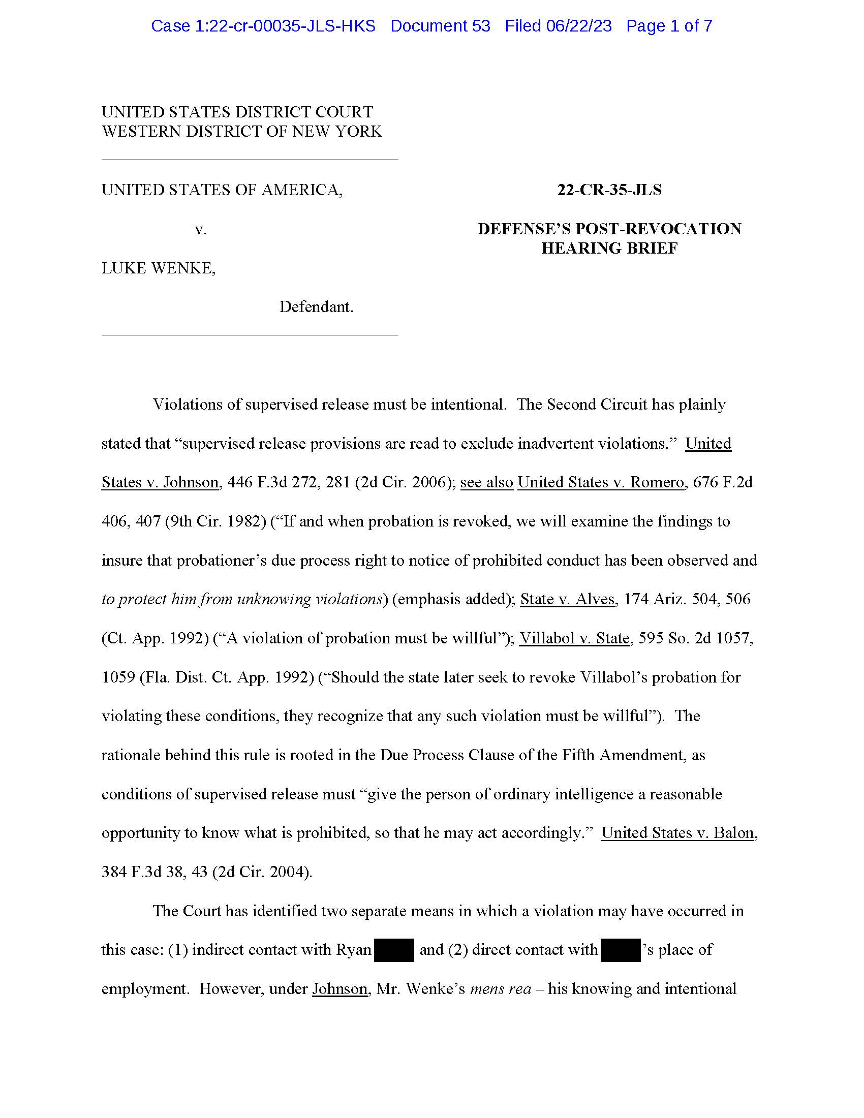 usa v. luke wenke defense argument that luke wenke did not violate probation by indirectly contacting victim
