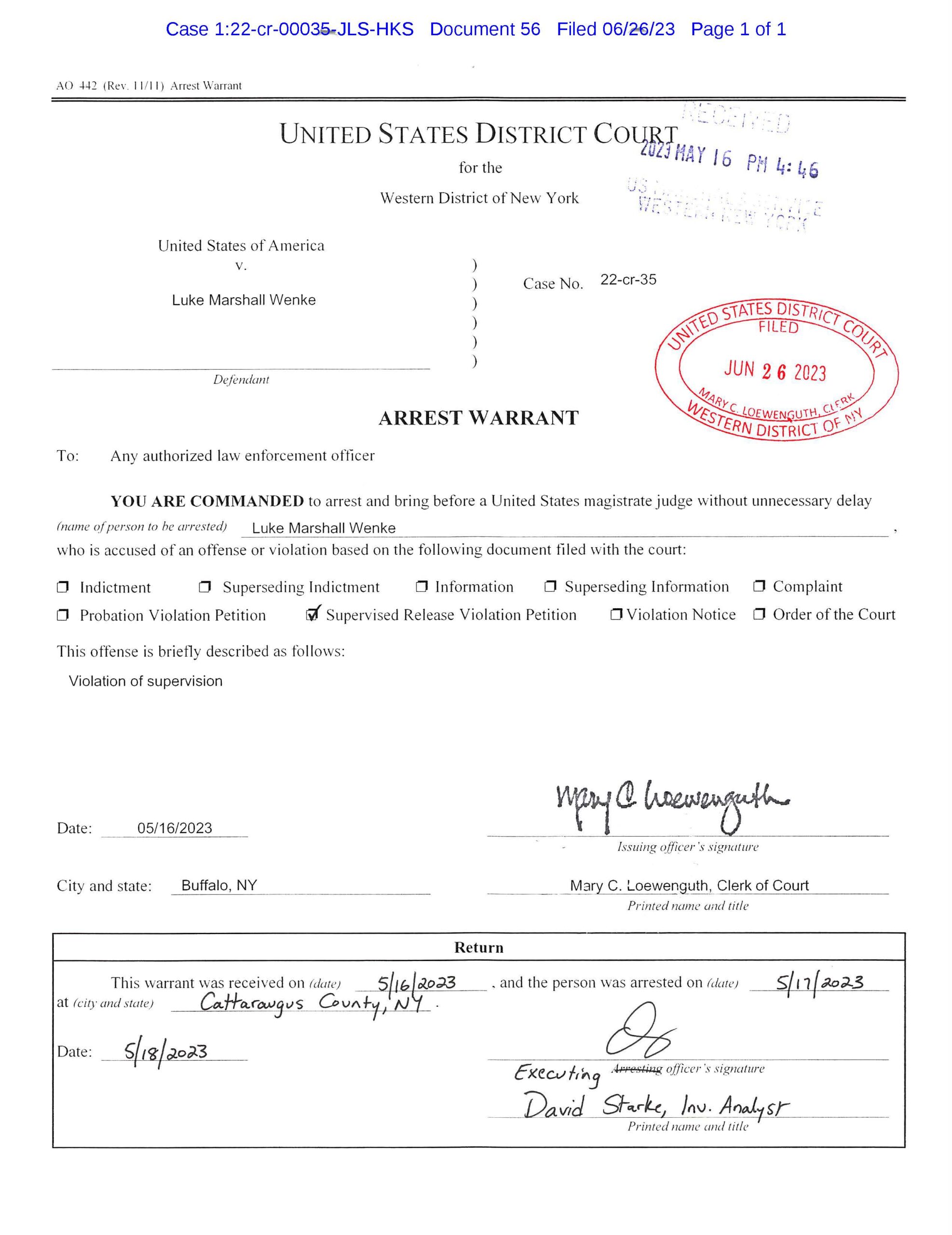 federal arrest warrant luke wenke