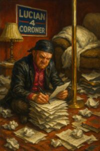 not luke wenke angry sitting on floor surrounded by lawsuits stripper pole lucian for coroner