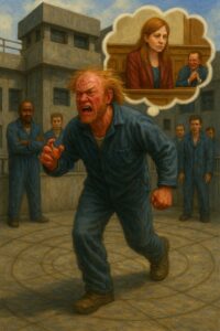 not luke wenke angry white male inmate blue jumpsuit rooftop rampage jail courtroom fantasy redheaded woman testifying