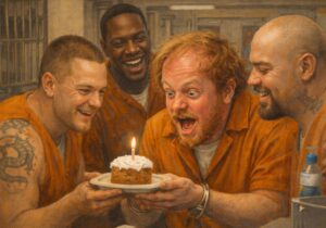 not luke wenke four inmates orange jumpsuits birthday cake men happy