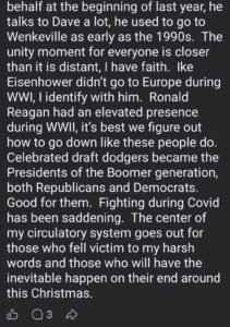 screenshot of an august 20203 facebook post by luke wenke complaining about wenkevill family reunion