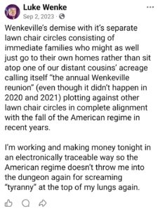 luke wenke facebook screenshot wenkeville 2023