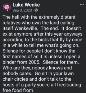 luke wenke screenshot facebook wenkeville 2023