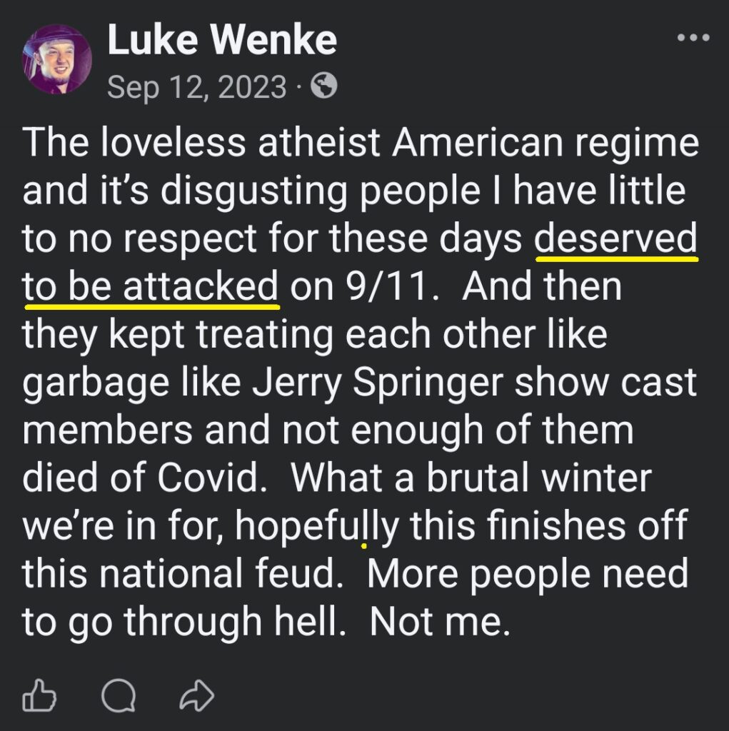 luke wenke says that america deserves to be attacked x/twitter screenshot september 2023
