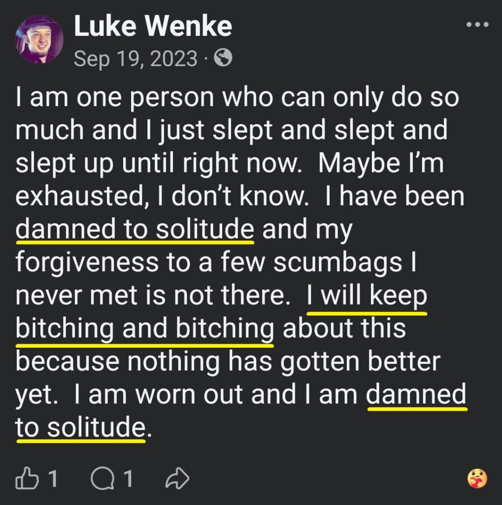 luke wenke facebook screenshot incel talk 2023