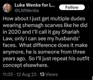screenshot of an august 2023 luke wenke x/twitter post taunting stalking victim benjamin ryan teeter