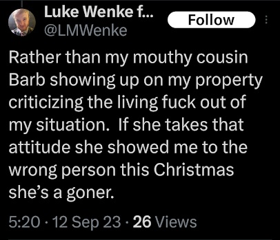 luke wenke saying his cousin will be a "goner" if she gives him an attitude september 2023