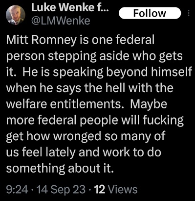 screenshot of a september 2023 luke wenke x/twitter post about mitt romney and welfare