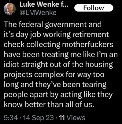 screenshot of a september 2023 luke wenke x/twitter post mocking government employees as welfare leeches