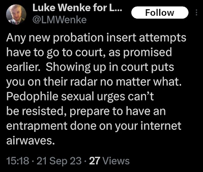 luke wenke challenges victims to sue and says he'll refuse to agree to contact bans x/twitter screenshot september 2023