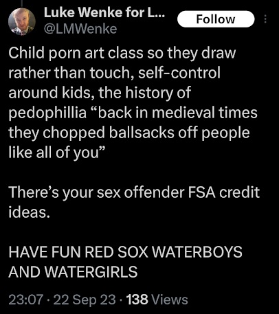 luke wenke advocates for a csam art class x/twitter screenshot september 2023