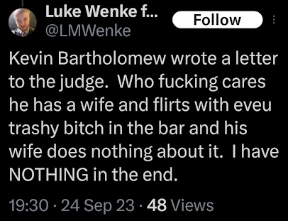 luke wenke trash talks late friend kevin bartholomew x/twitter screenshot september 2023