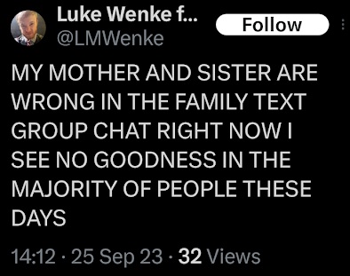 Luke Wenke talks about group chatting with his mom and sister x/twitter screenshot september 2023
