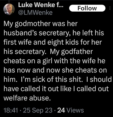 screenshot of a september 2023 luke wenke x/twitter post mocking his godparents out of jealousy