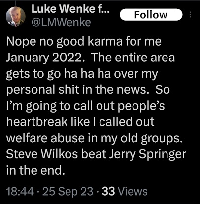 screenshot of a september 2025 luke wenke x/twitter post claiming he called out welfare abusers