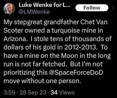 luke wenke admits to stealing gold from his step great grandfather x/twitter screenshot september 2023