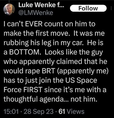luke wenke threatens to rape stalking victim x/twitter screenshot september 2023