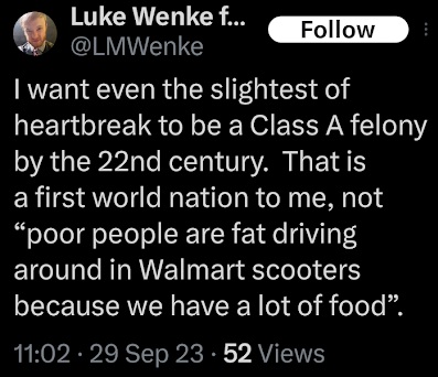 luke wenke mocks welfare recipients and says heartbreak should be illegal x/twitter screenshot september 2023