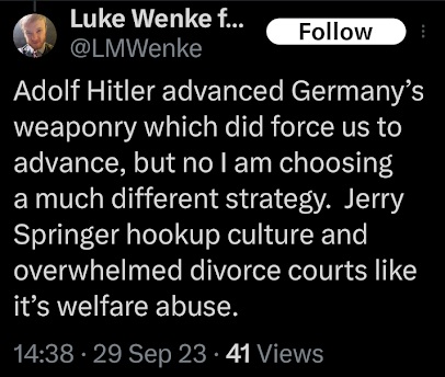 luke wenke praises nazi dictator adolf hitler in an x/twitter post september 2023