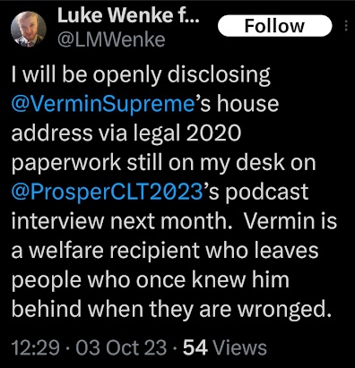 luke wenke threatening to doxx vermin supreme x/twitter screenshot october 2023