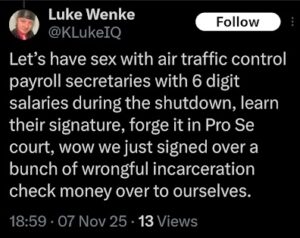 screenshot of a perverted luke wenke x/twitter post november 2025