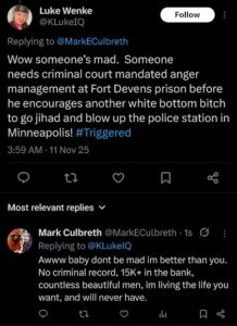 screenshot of a november 2025 luke wenke x/twitter post about blowing up a police station