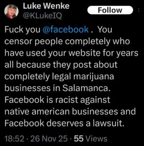screenshot of luke wenke complaining on x/twitter about being banned from facebook in november 2025