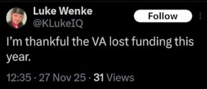 screenshot of a luke wenke x/twitter post saying he's glad us veterans aren't getting help