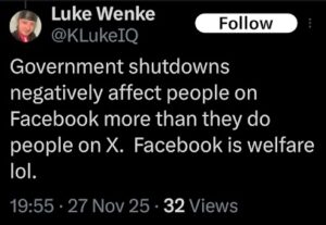 screenshot of a november 2025 luke wenke x/twitter post bashing facebook because he got banned