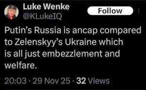 screenshot of a november 2025 luke wenke x/twitter post supporting russia/putin and hating ukraine