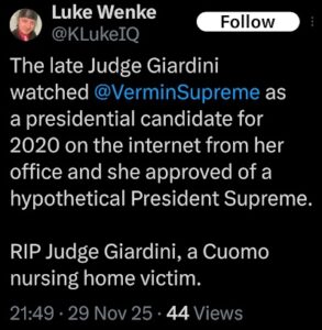 screenshot of a november 2025 luke wenke x/twitter post bragging about his dead grandma and insulting vermin supreme