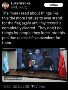 screenshot of a november 2025 luke wenke x/twitter post demanding a cleared criminal record