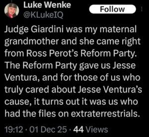screenshot of a december 2025 x/twitter post by luke wenke bragging about his dead grandma