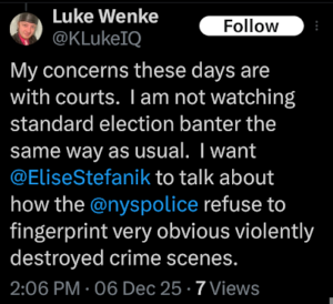 luke wenke x/twitter post complaining about imaginary home break-in december 2025