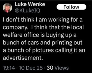 x/twitter screenshot of skyy homes medical transport employee luke wenke trash talking his employer december 2025