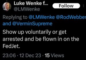 screenshot of a december 2023 luke wenke x/twitter post threatening stalking victims with con air