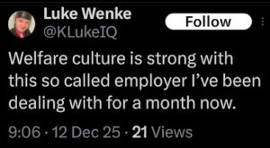 screenshot of a december 2025 x/twitter post by luke wenke complaining about his employer skyy homes medical transport