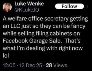 screenshot of a december 2025 x/twitter post by luke wenke complaining about his employer skyy homes medical transport