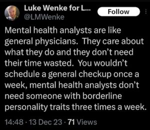 screenshot of a december 2023 luke wenke x/twitter post complaining about court mandated mental health treatment