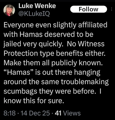 luke wenke says his stalking victims deserve to be in jail x/twitter screenshot december 2025