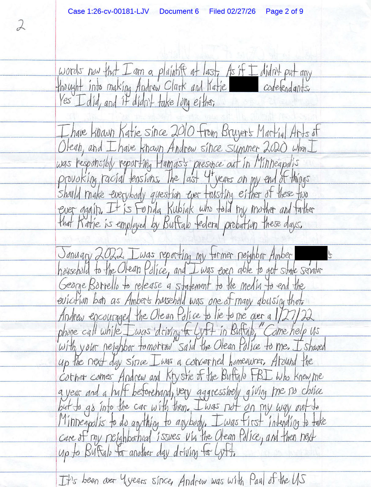A handwritten letter from Luke Wenke to the Honorable Lawrence J. Vilardo; 02/27/2026
