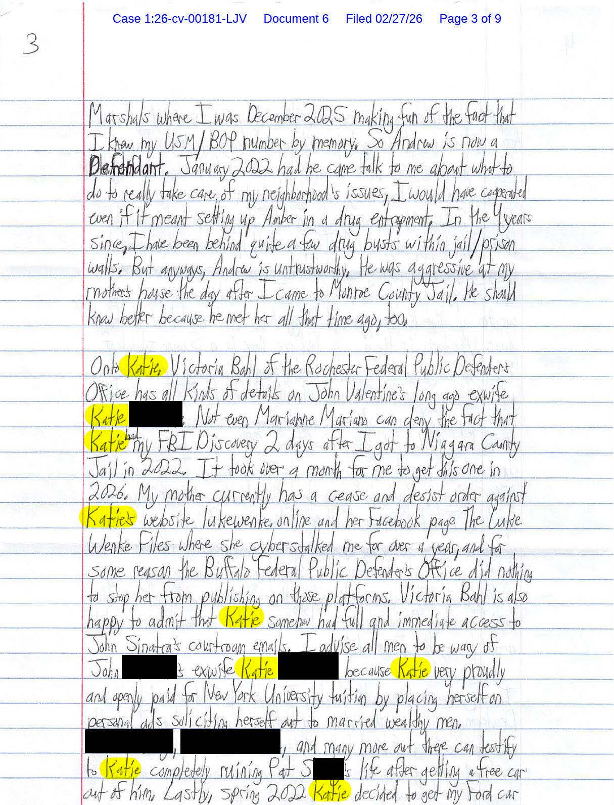 A handwritten letter from Luke Wenke to the Honorable Lawrence J. Vilardo; 02/27/2026