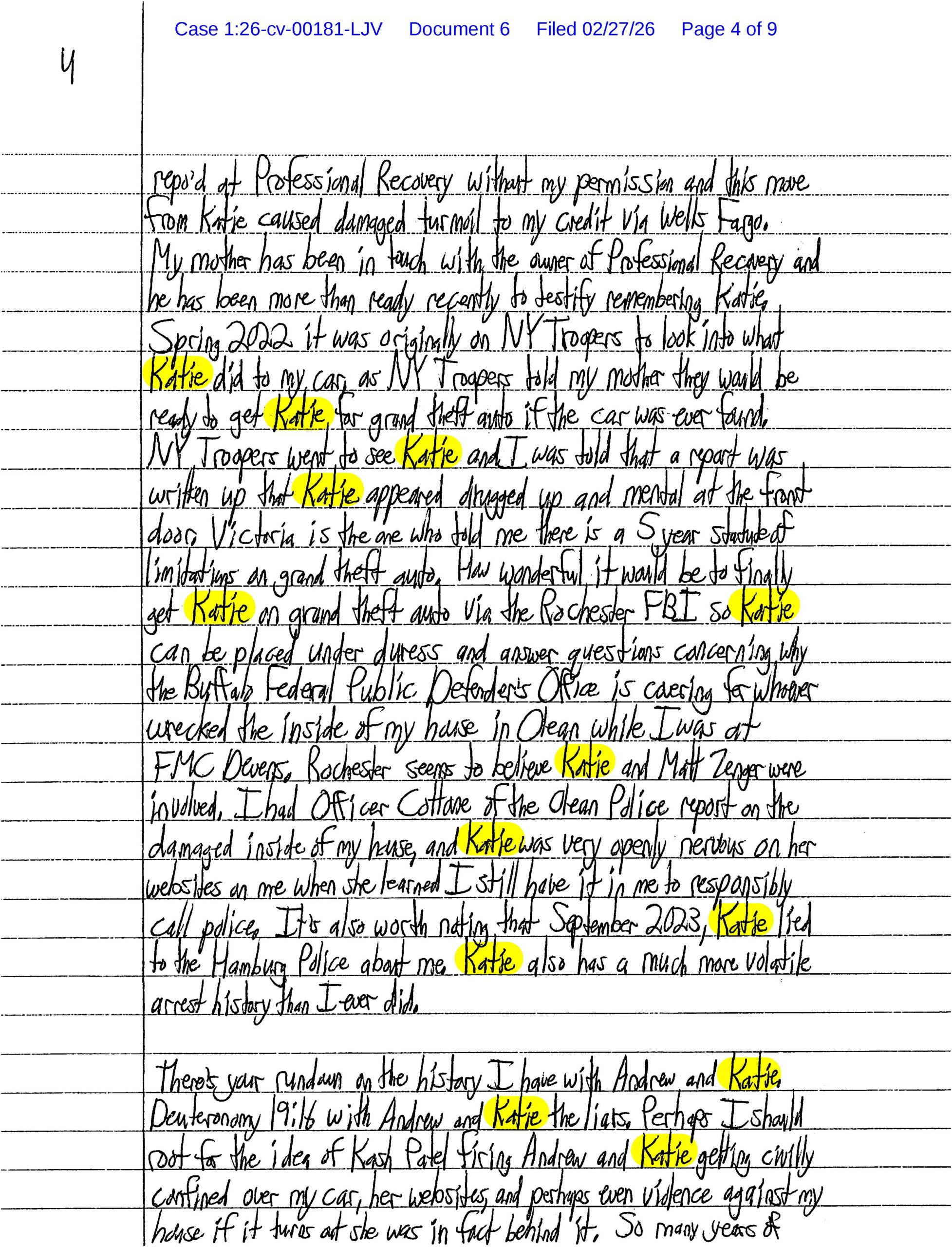A handwritten letter from Luke Wenke to the Honorable Lawrence J. Vilardo; 02/27/2026