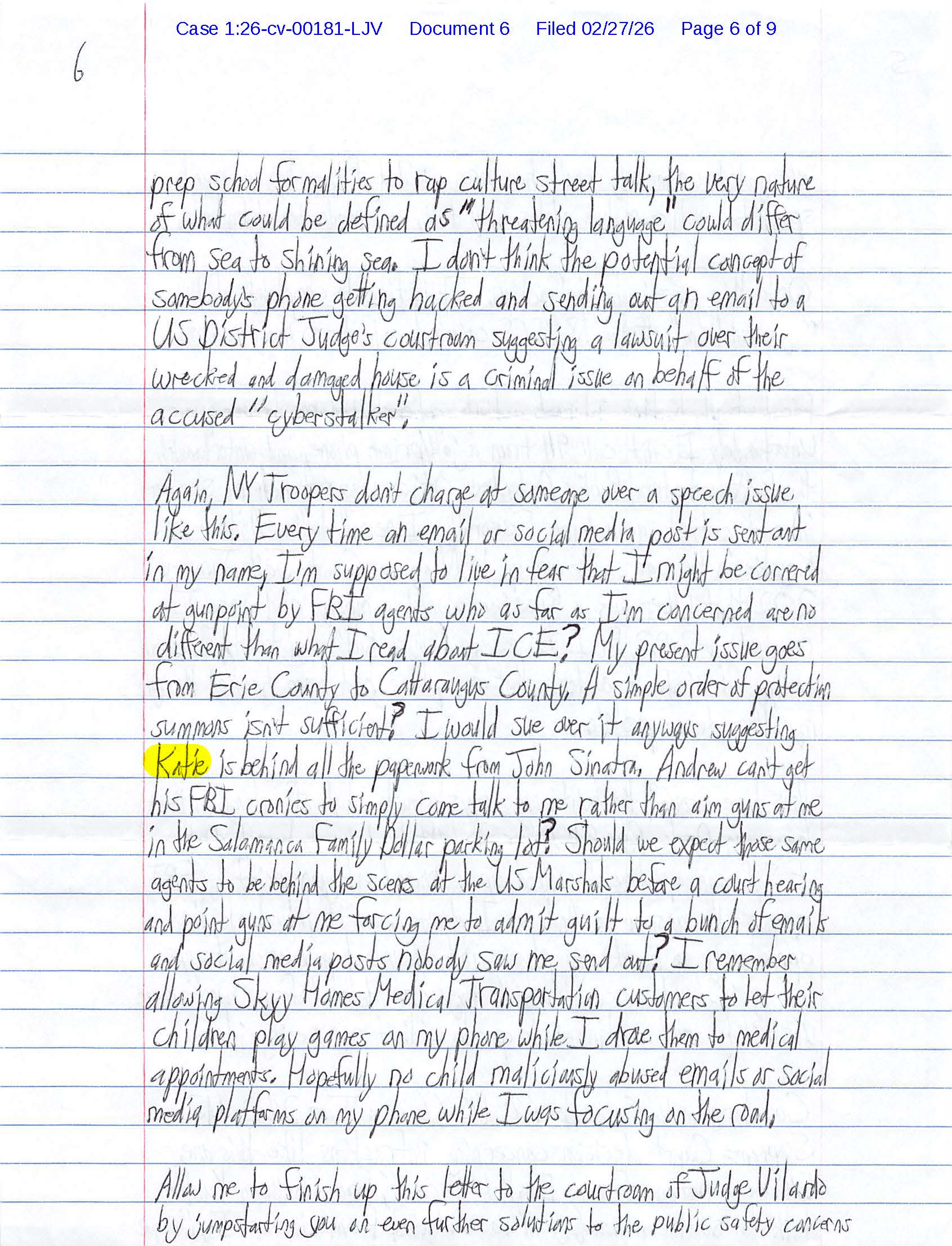 A handwritten letter from Luke Wenke to the Honorable Lawrence J. Vilardo; 02/27/2026