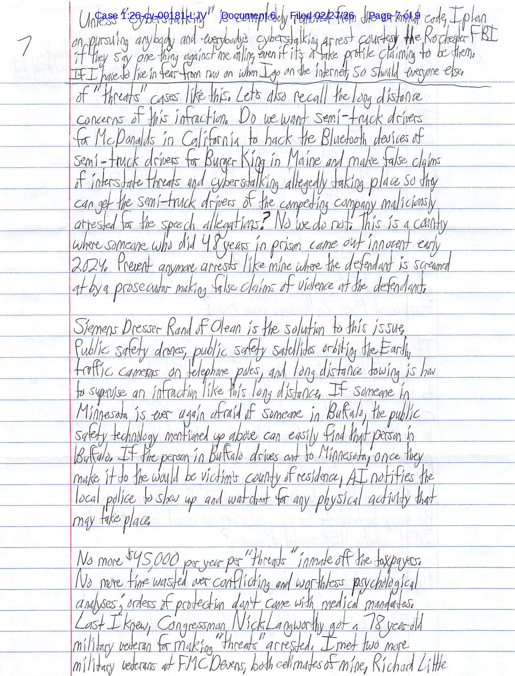 A handwritten letter from Luke Wenke to the Honorable Lawrence J. Vilardo; 02/27/2026