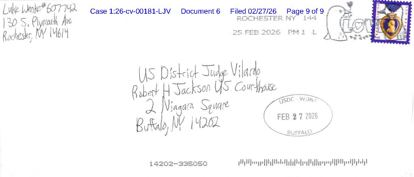 A handwritten letter from Luke Wenke to the Honorable Lawrence J. Vilardo; 02/27/2026