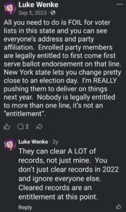 screenshot of a september 2023 Luke Wenke facebook post about how he stalks victims through voter registration records