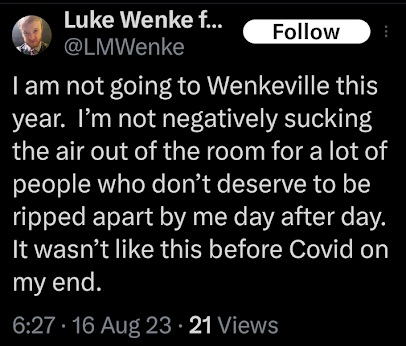 luke wenke says he won't go to wenkeville even though he was kicked out 2023